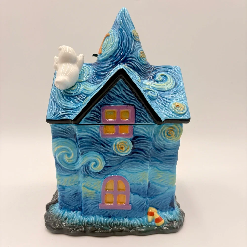 Corner Ruby Starry Night Haunted House Halloween Ceramic Cookie Jar Van Gogh